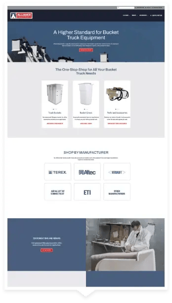 Responsive WordPress website design for Alliance Equipment, highlighting industrial products and services for Ohio manufacturers