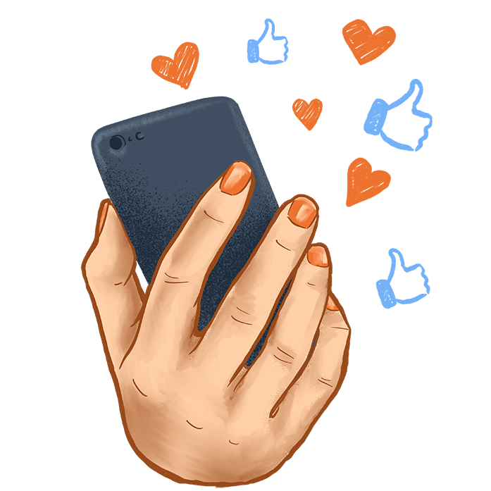 Female hand holding a smartphone with heart and like icons floating above it 