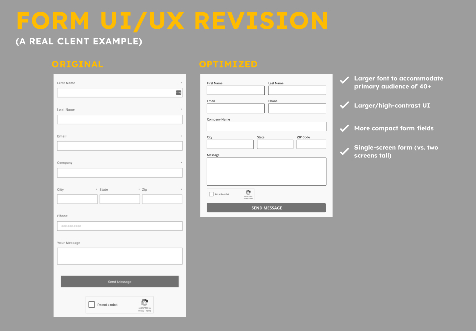 Why your website is not converting -sec 2 (1)Comparison of long web form with many required fields versus short, streamlined form highlighting best practices for website conversions 