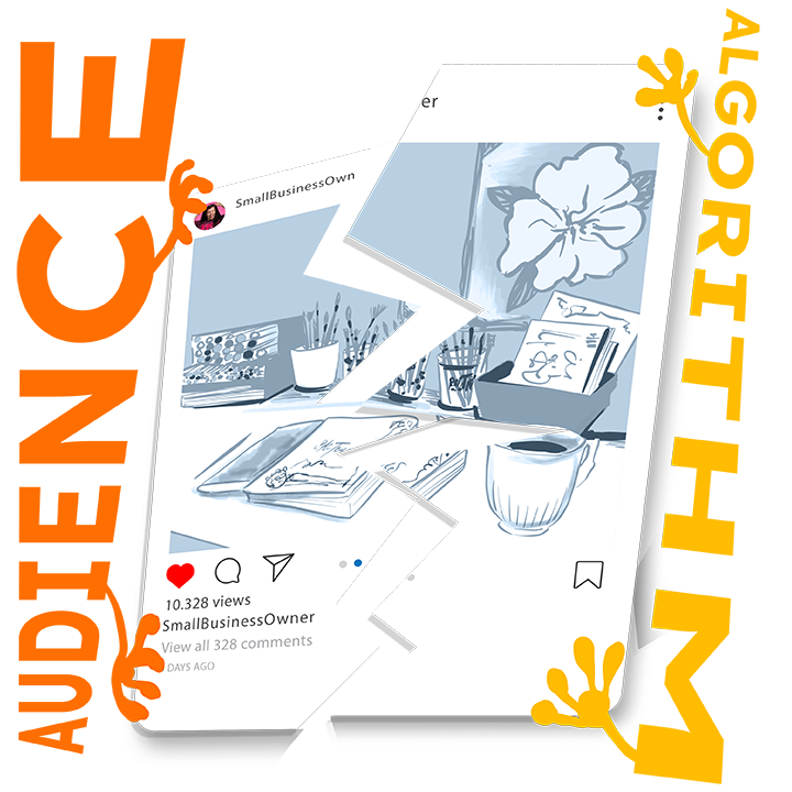 Animated Instagram page on phone screen with the words Audience and Algorithm next to it. 