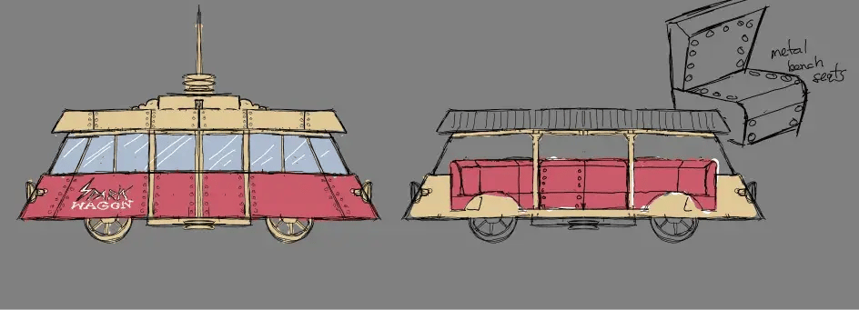 Concept art for the SparkWagon, designed to feel fast, mechanical, and impersonal.