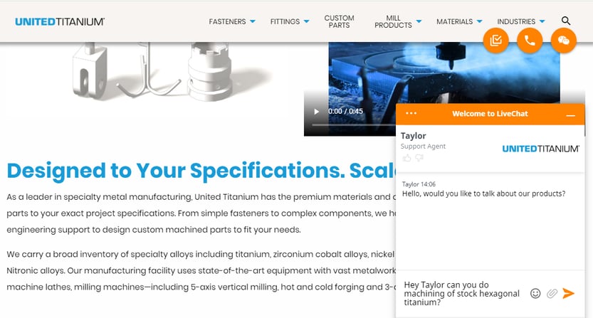 United Titanium's live chat feature