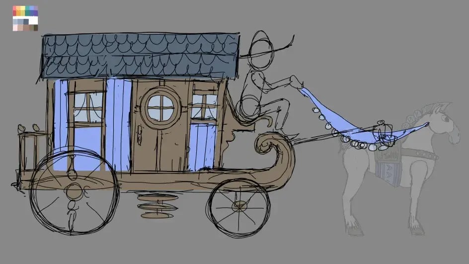 Initial design concepts for Wendel’s Wonder Wagon, balancing charm and simplicity.