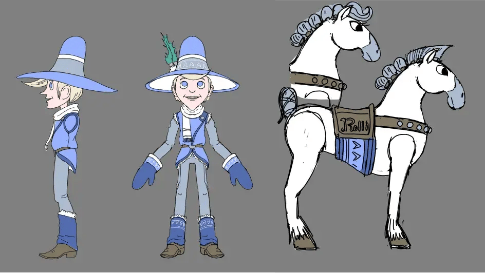 Early concept art for Wendel and his horse, inspired by classic Rankin/Bass holiday films.