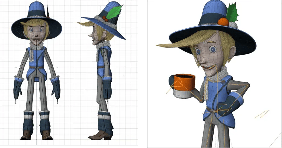 Wendel’s 3D model in Blender, rigged with a bone system inspired by traditional stop-motion animation.