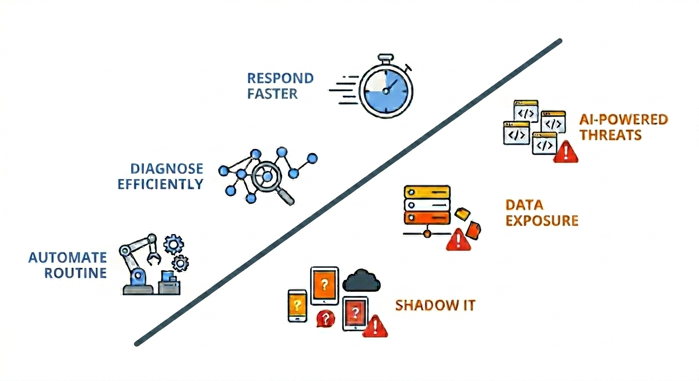 AI in managed IT services illustrating automated support, faster issue resolution, and rising cybersecurity risks from AI-powered threats