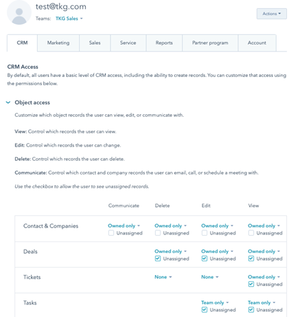 HubSpot permission levels